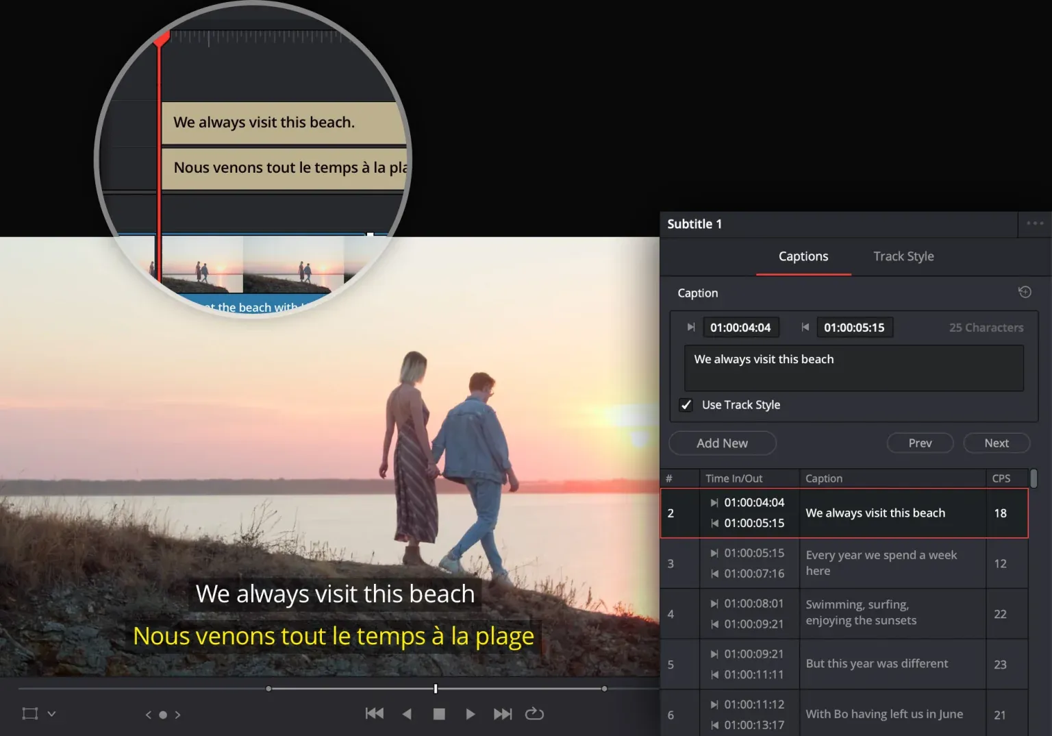 DaVinci Resolve subtitle track and Captions Inspector with timed English and French subtitle lines