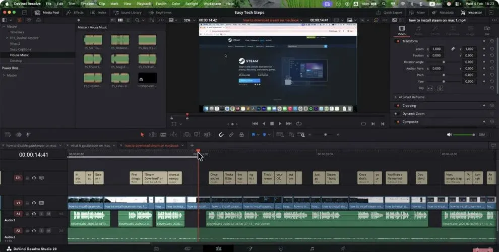 DaVinci Resolve Studio 20 Edit timeline with imported SRT cues on subtitle track ST1 above the video and audio tracks