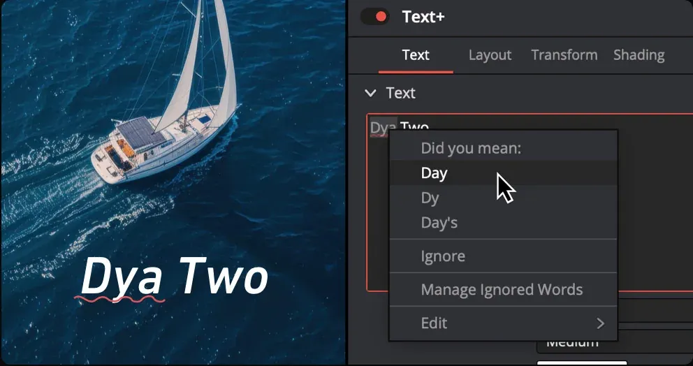 DaVinci Resolve 21 Text+ Inspector with spell checking active beside the title in the viewer