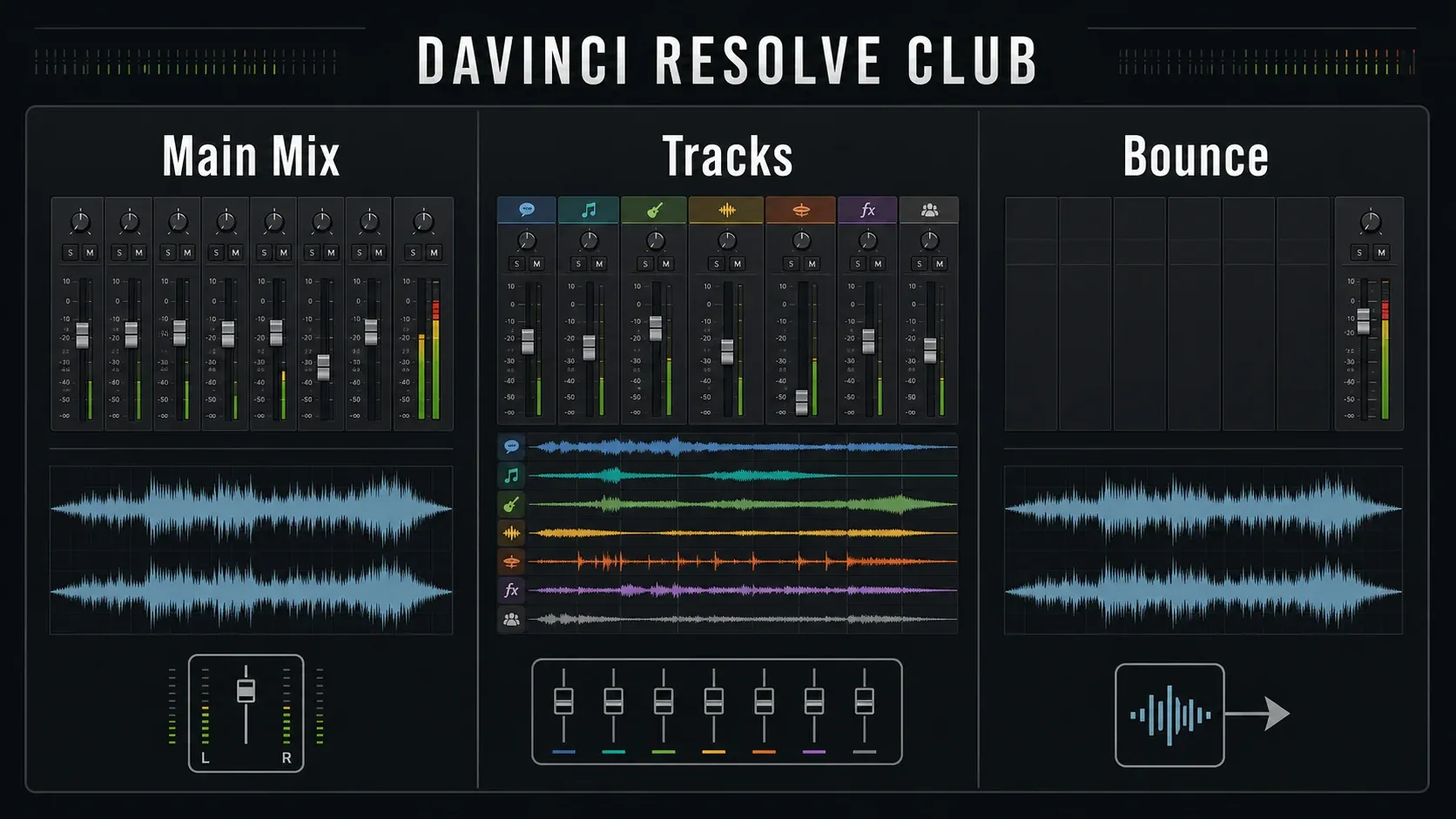 Editorial diagram comparing a finished bus mix, timeline tracks, and Fairlight bounce