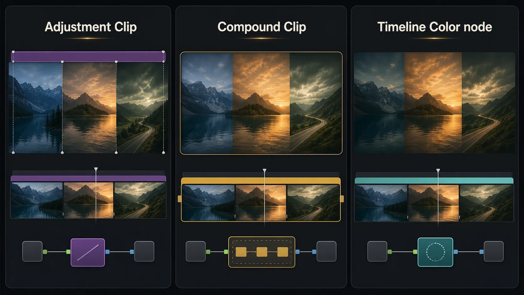 Adjustment Clip, Compound Clip and Timeline Color node scope compared