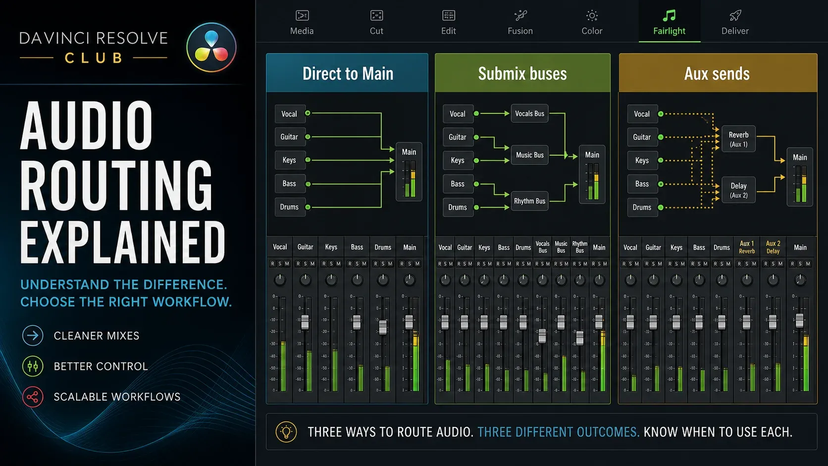 Editorial Fairlight signal-flow diagram for direct outputs, submix buses, and auxiliary sends