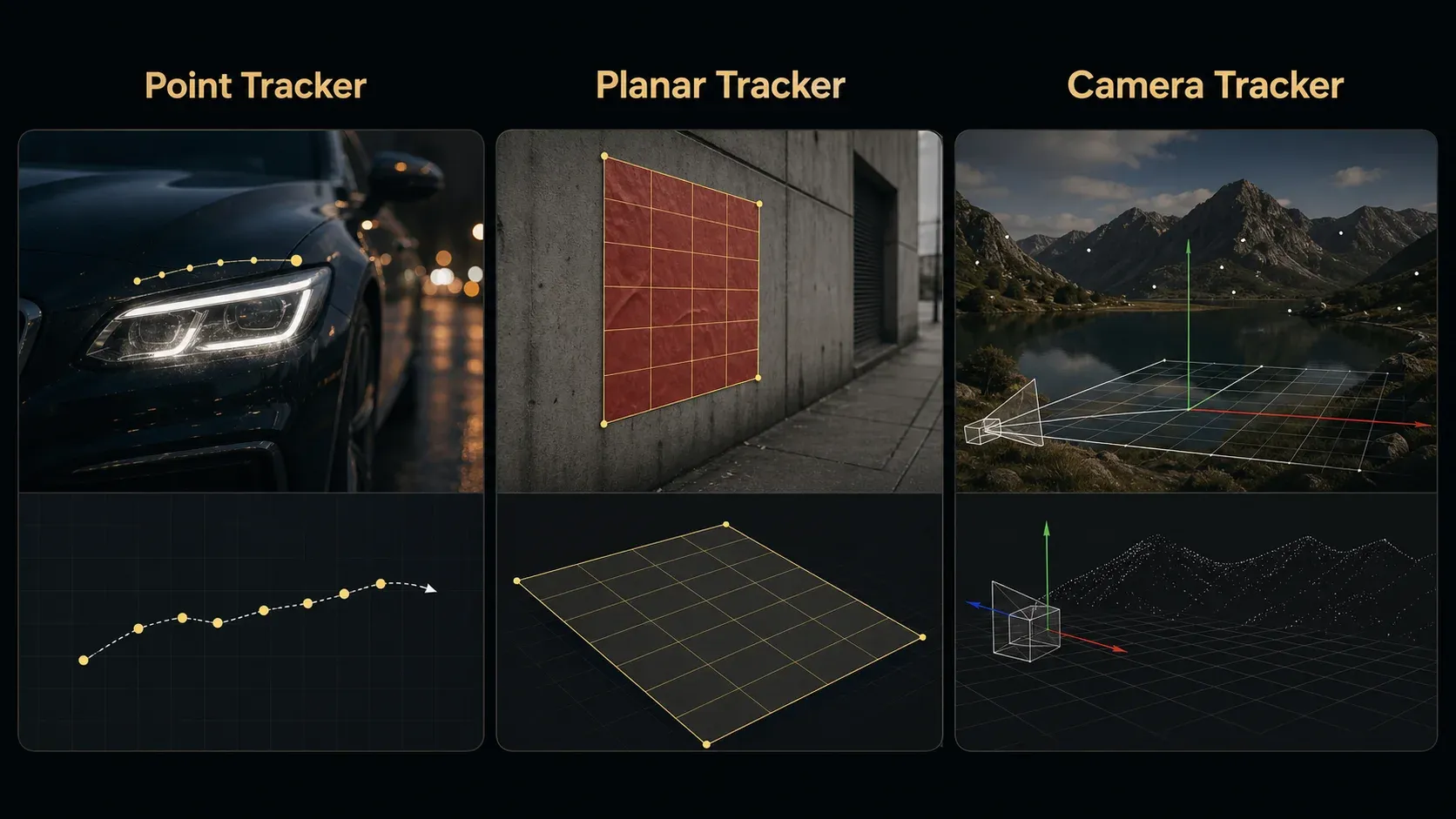 Point, planar and 3D camera tracking methods compared in Fusion