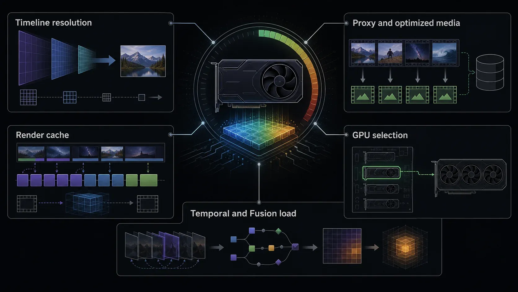 Editorial map of Resolve GPU load, cache, proxy resolution, and GPU selection