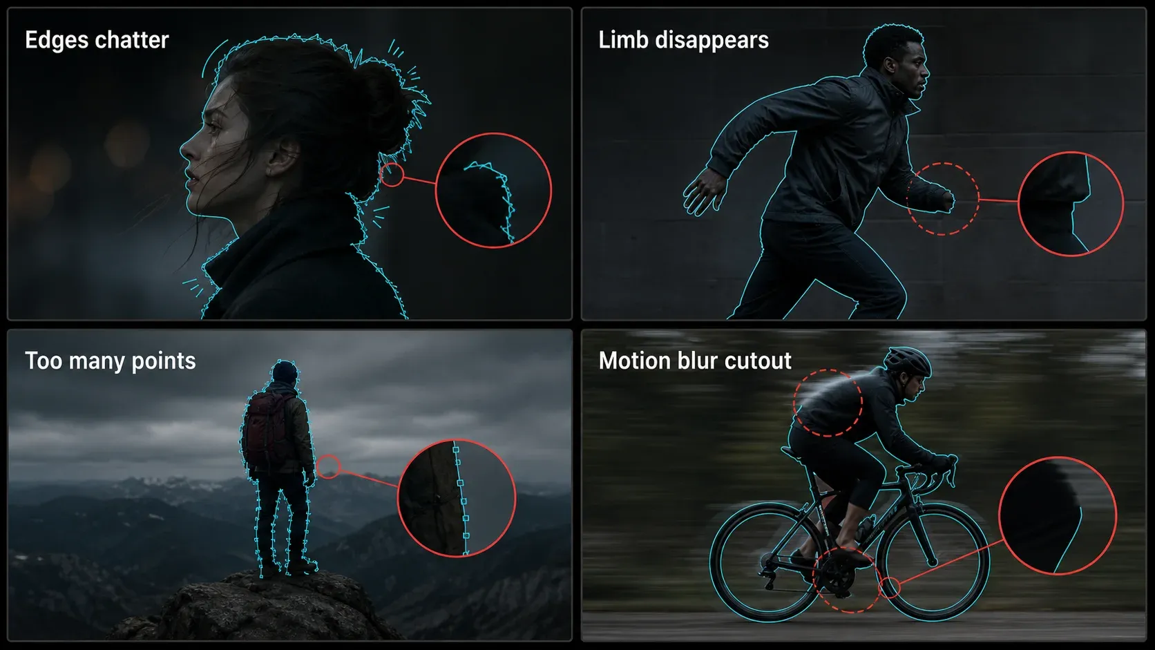 Rotoscoping problems including edge chatter, missing limbs, excess points and hard blur edges