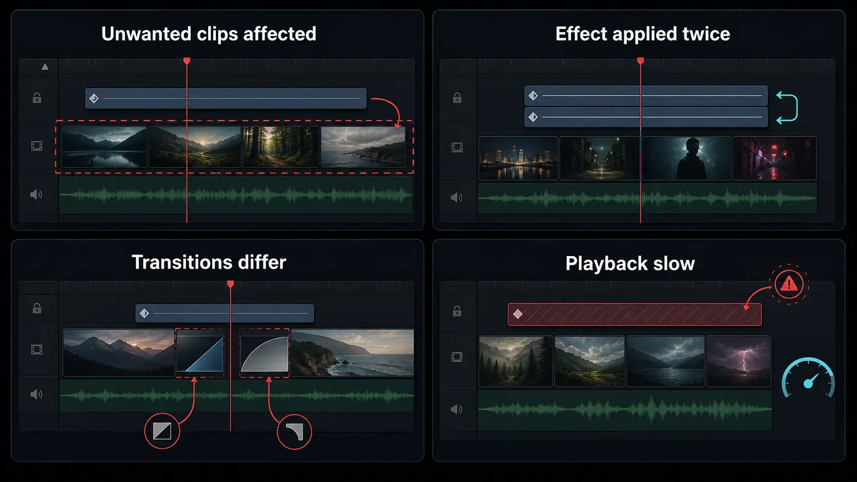 Adjustment Clip fixes for unwanted scope, duplicate effects, transition changes and slow playback
