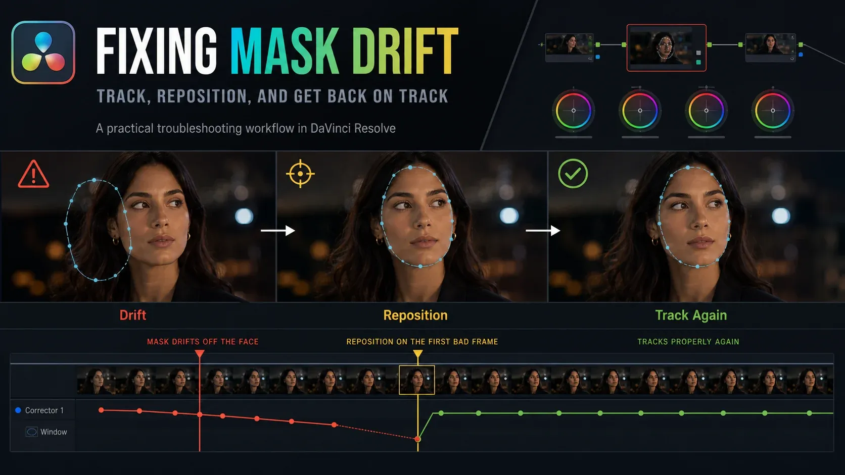 Editorial sequence for repairing a drifting face-blur Power Window from the first bad frame