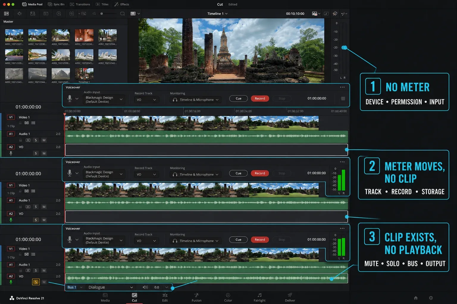 DaVinci Resolve 21 Voiceover troubleshooting for no input meter, no recorded clip and no playback