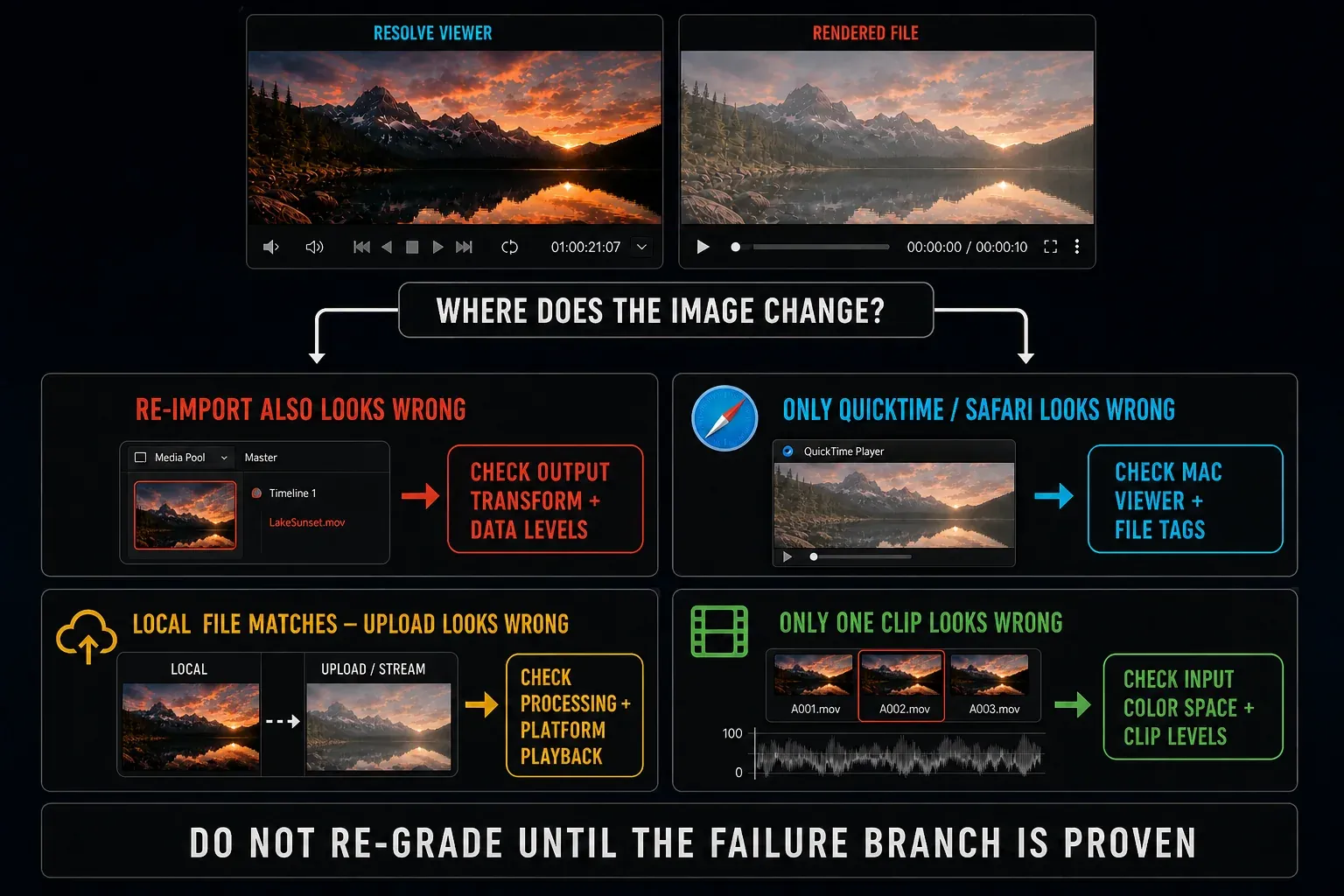 Four-branch diagnostic for washed-out Resolve exports, QuickTime playback, uploads and individual clips