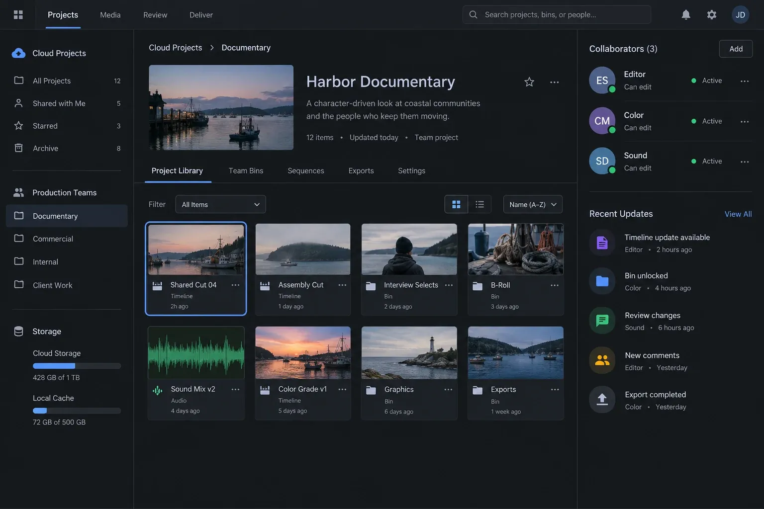 DaVinci Resolve Cloud project library interface showing a shared project collaborators and recent project updates