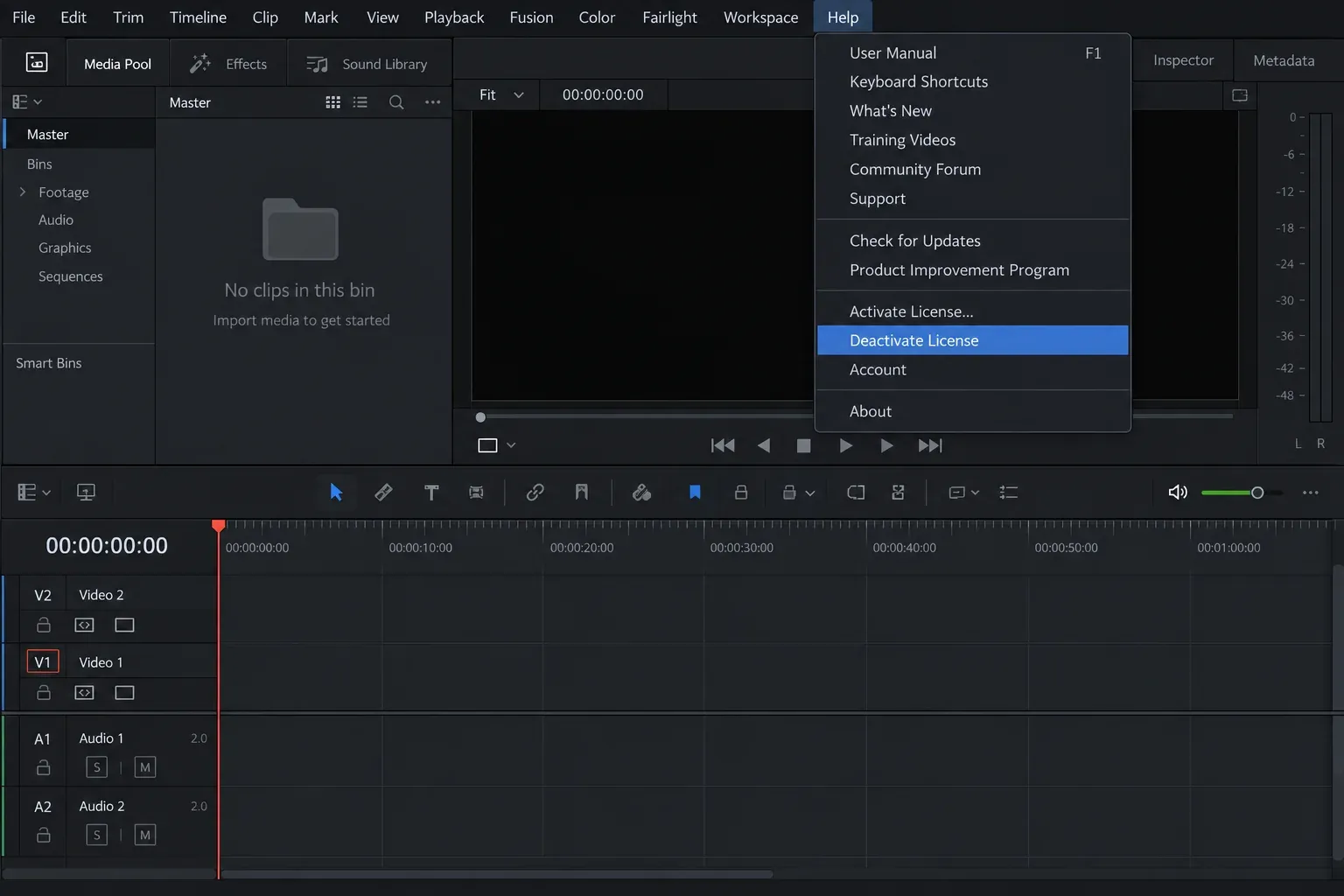 DaVinci Resolve Studio Help menu with Deactivate License selected