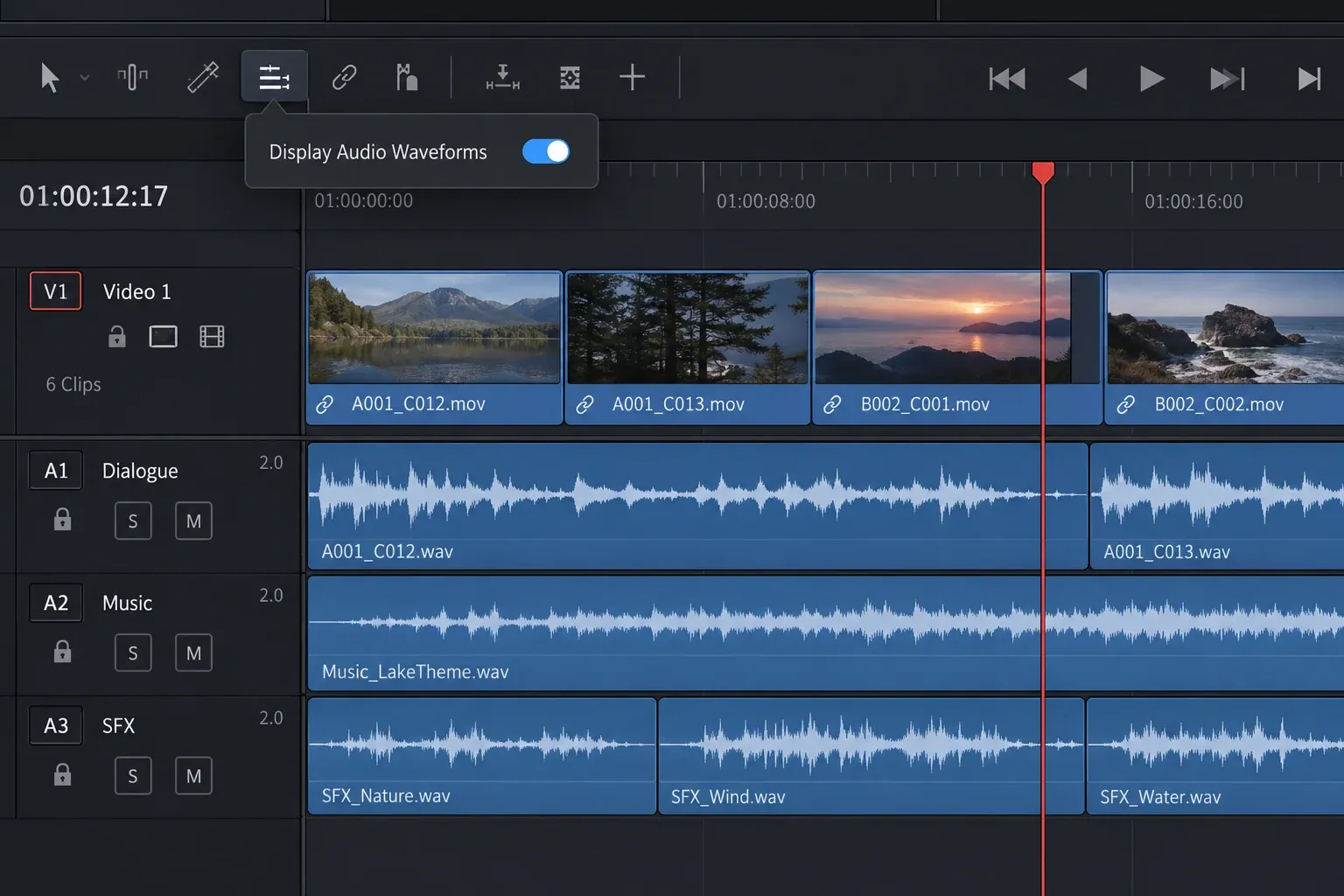 DaVinci Resolve Timeline View Options with Display Audio Waveforms enabled
