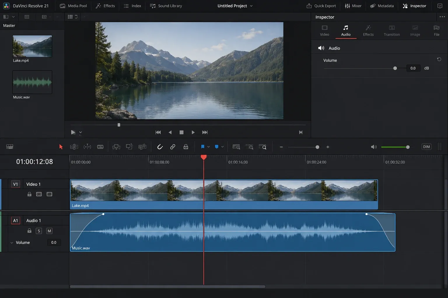 DaVinci Resolve audio clip showing the upper corner fade handles and a visible fade curve