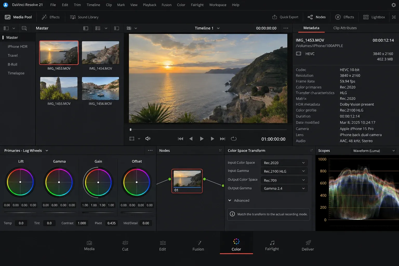 DaVinci Resolve metadata panel identifying an iPhone HEVC 10-bit Rec.2020 HLG Dolby Vision source