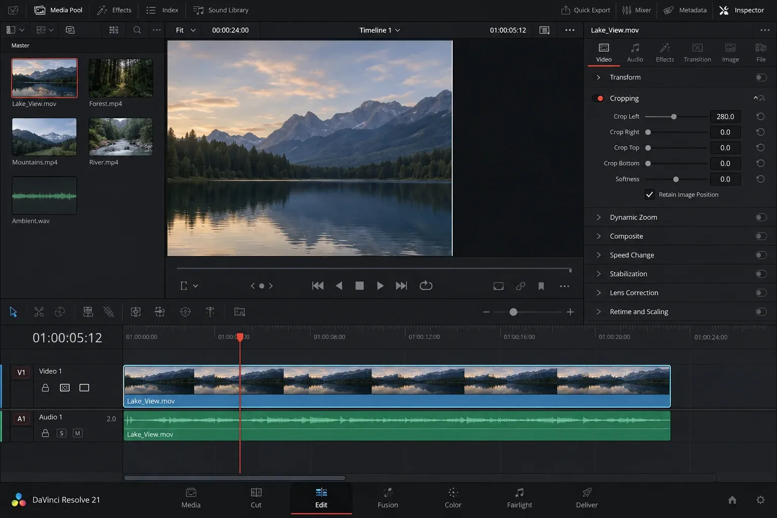 DaVinci Resolve Video Inspector with Cropping controls expanded beside a selected timeline clip