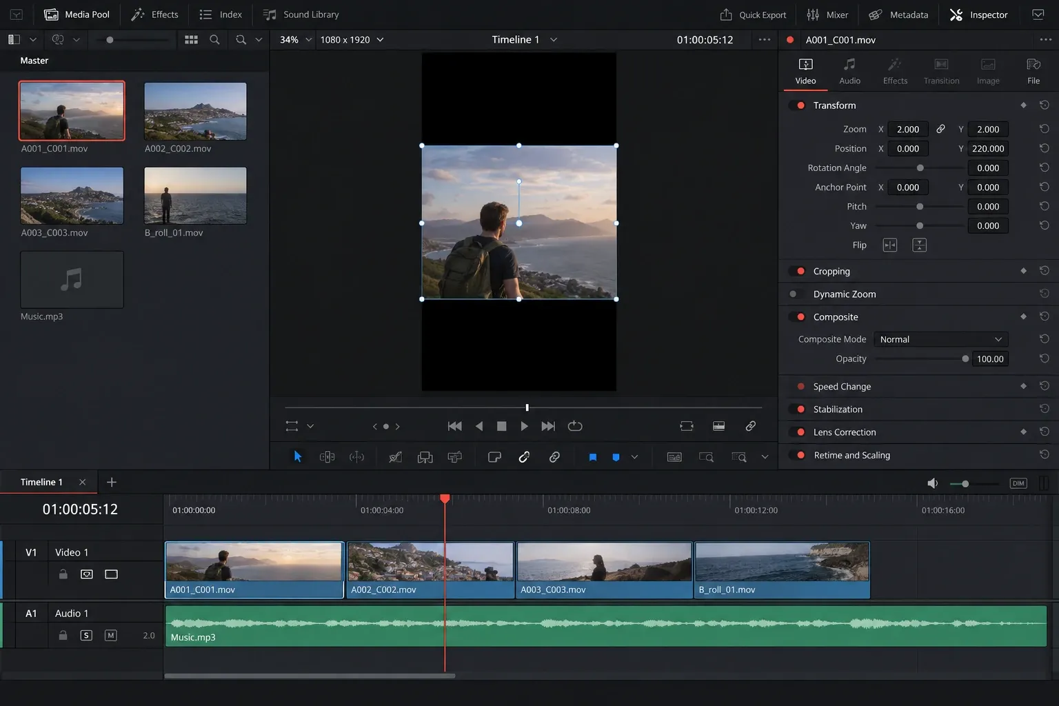 DaVinci Resolve 1080 by 1920 vertical timeline with a landscape clip reframed for portrait video