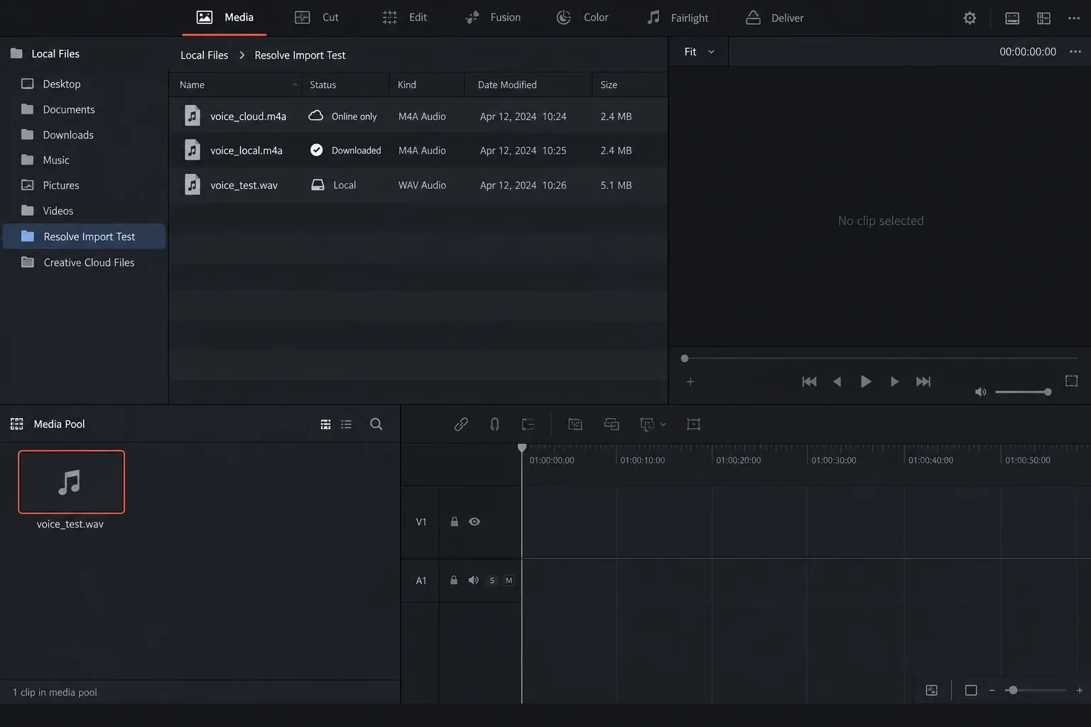 DaVinci Resolve Media page beside a local audio folder showing one AAC source rejected and a downloaded WAV test ready to import