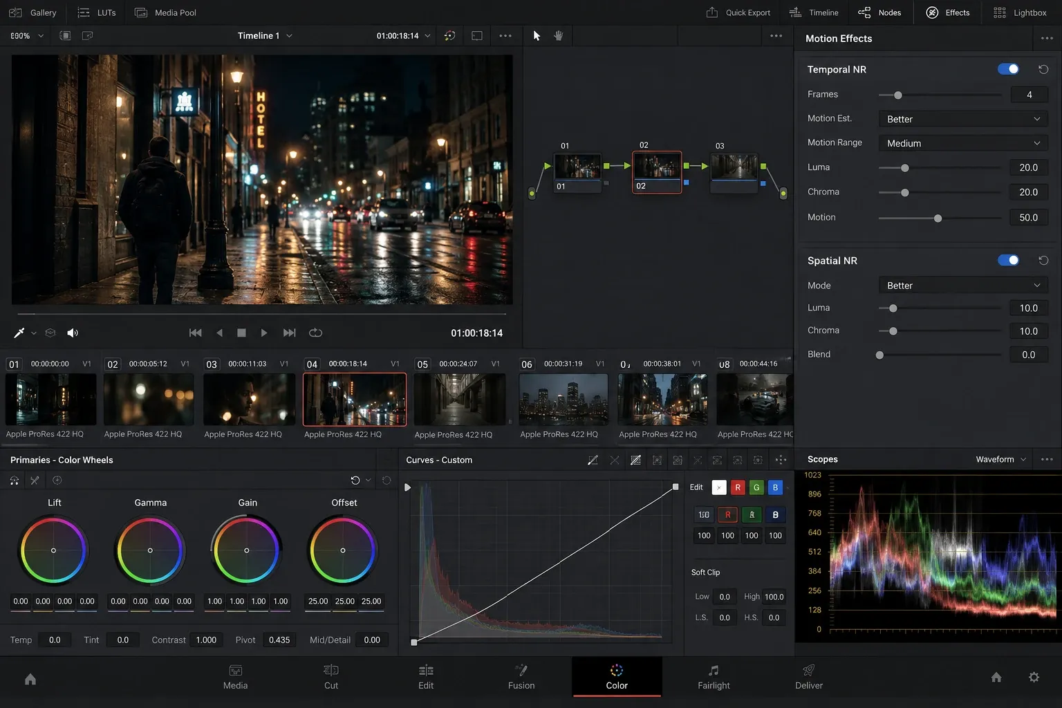 DaVinci Resolve Color page with the Motion Effects palette open