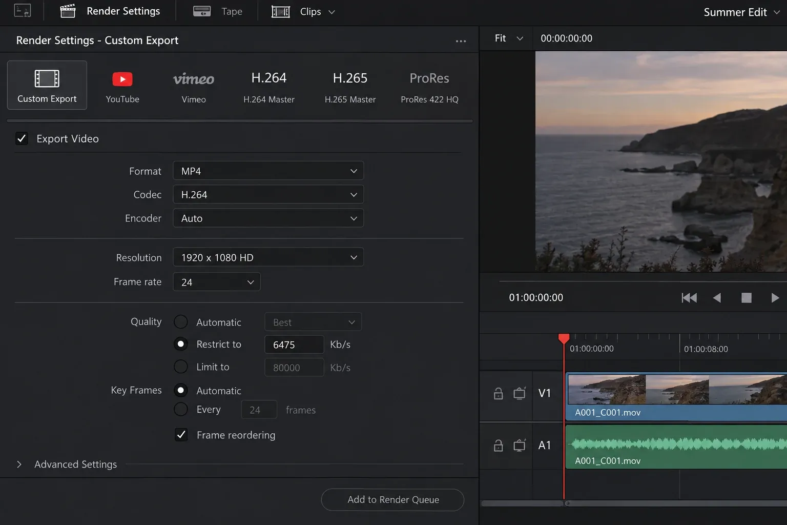 DaVinci Resolve Custom Export settings with MP4 H.264 and Restrict to 6475 Kb per second selected