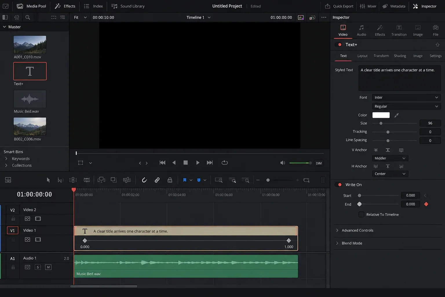DaVinci Resolve Edit page Text+ Inspector showing Write On Start at zero and End keyframes from zero to one