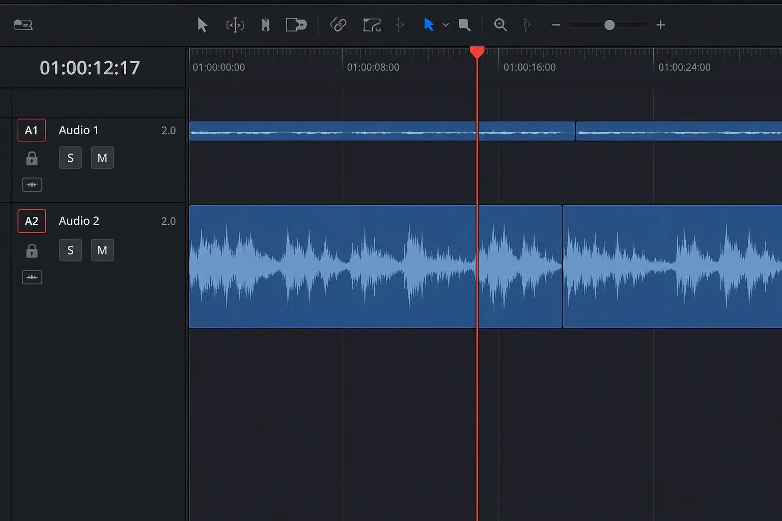 Resolve timeline showing an audio track changing from a thin bar to a readable waveform