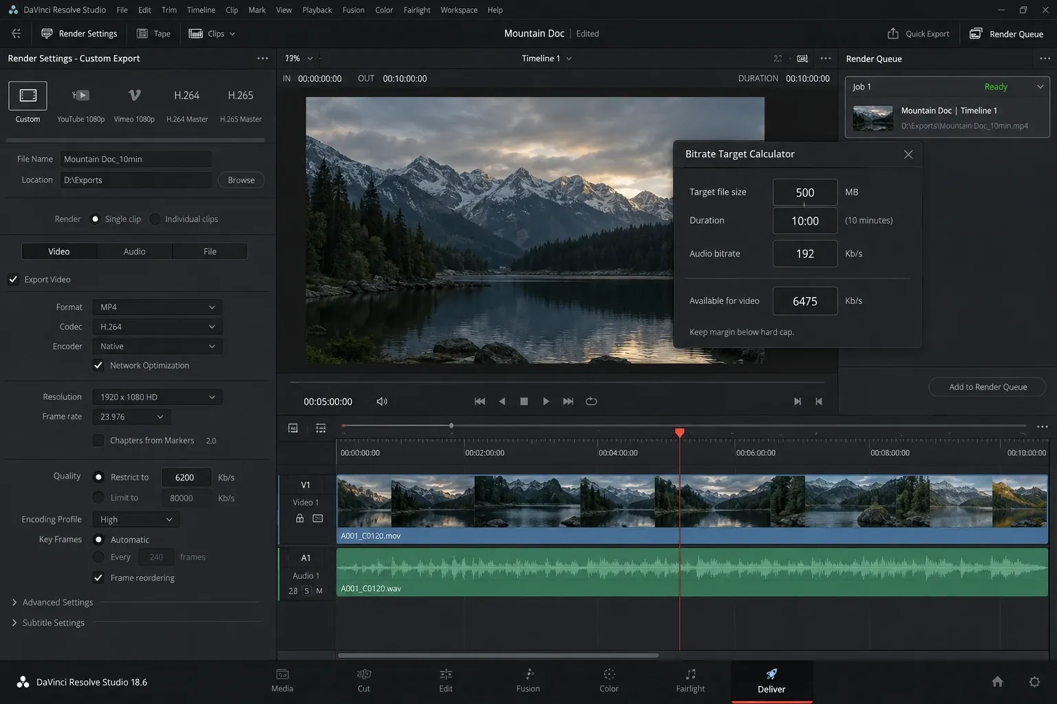 DaVinci Resolve Deliver page with a target file size and bitrate calculation beside the Render Settings