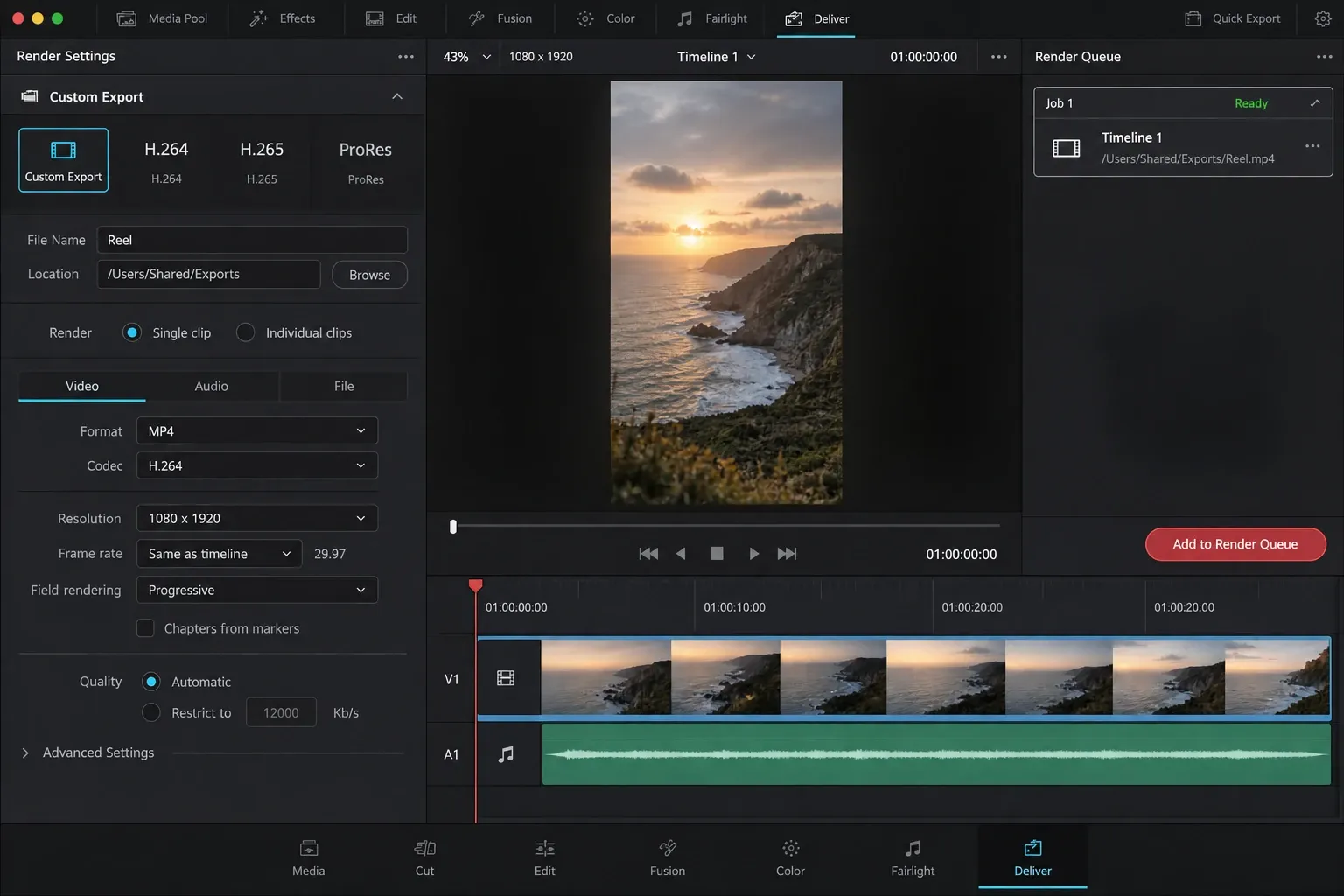 DaVinci Resolve Deliver page with MP4 H.264 and 1080 by 1920 Instagram Reel export settings