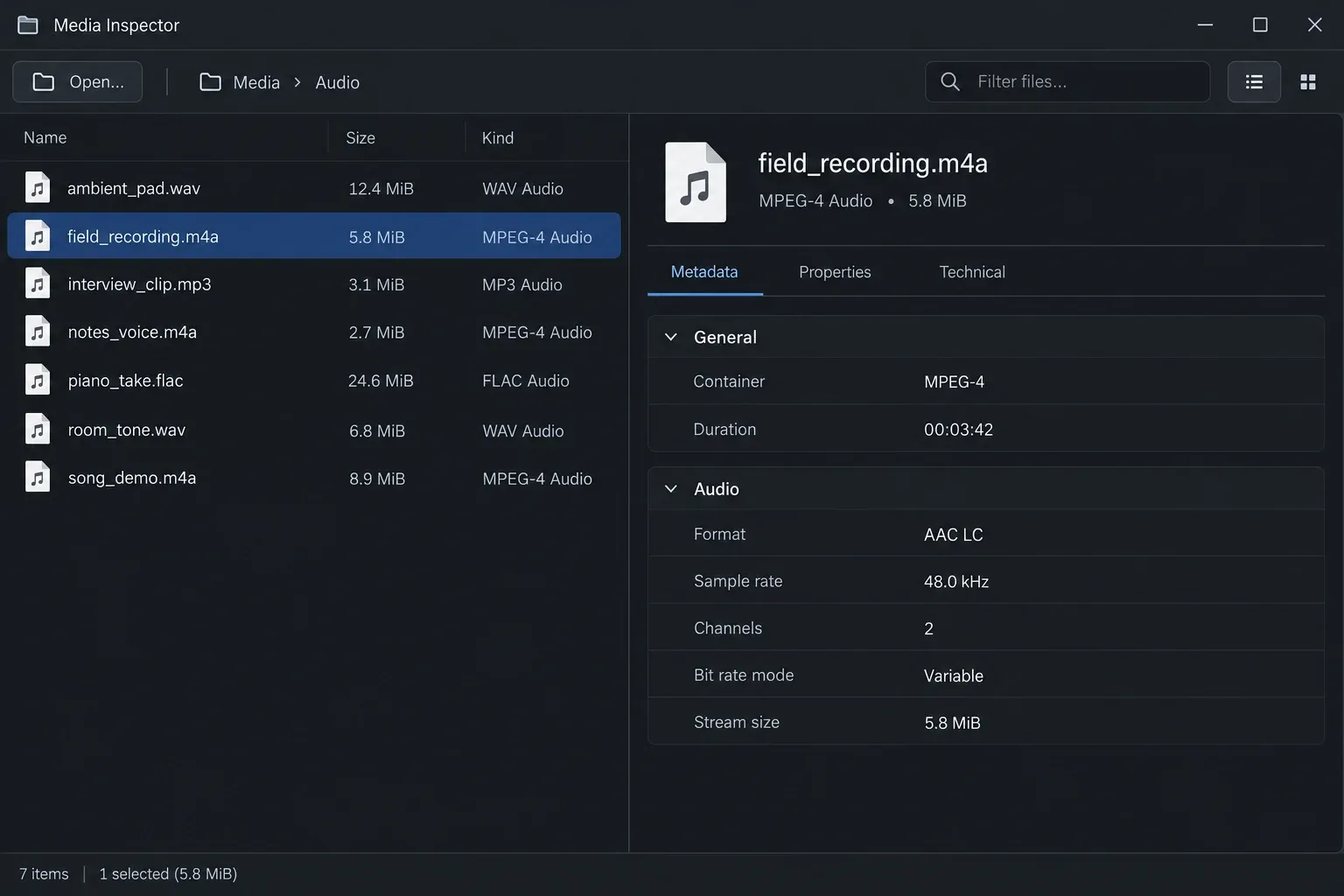 MediaInfo-style Tree view showing an M4A container with AAC audio format sample rate channels duration and bitrate mode