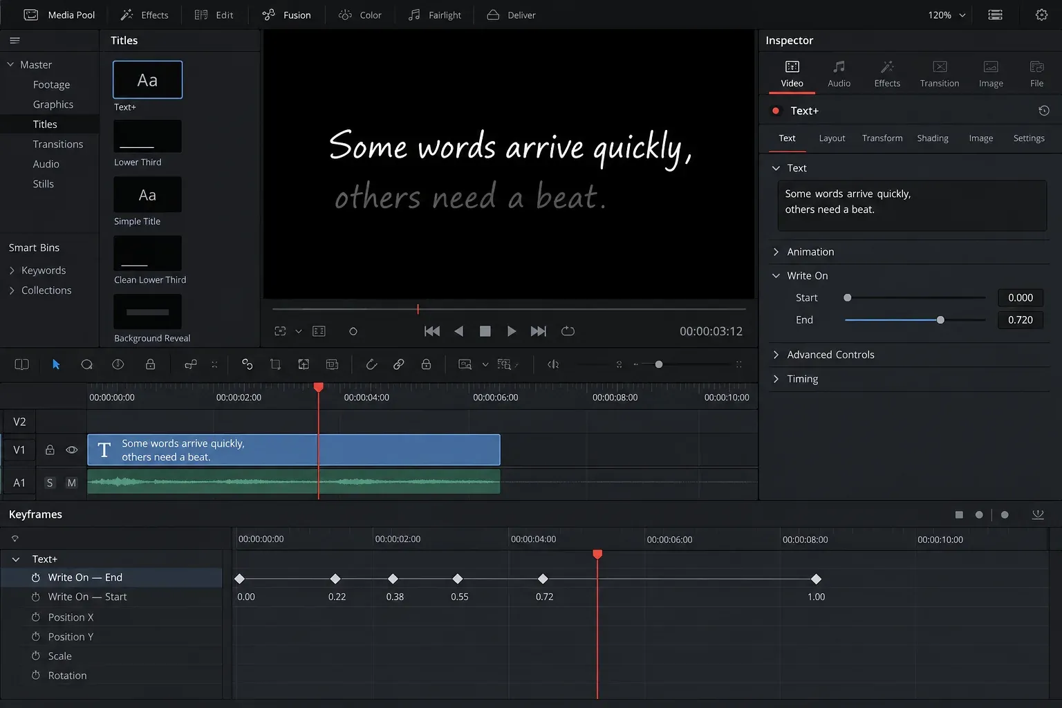 DaVinci Resolve keyframe editor showing uneven Text+ Write On End keyframe spacing for words punctuation and a line break