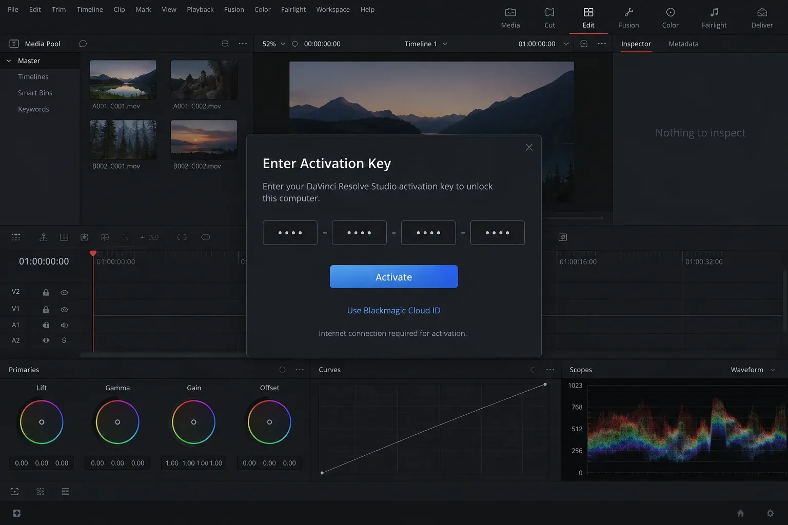 DaVinci Resolve Studio activation dialog on a new computer with a masked activation key