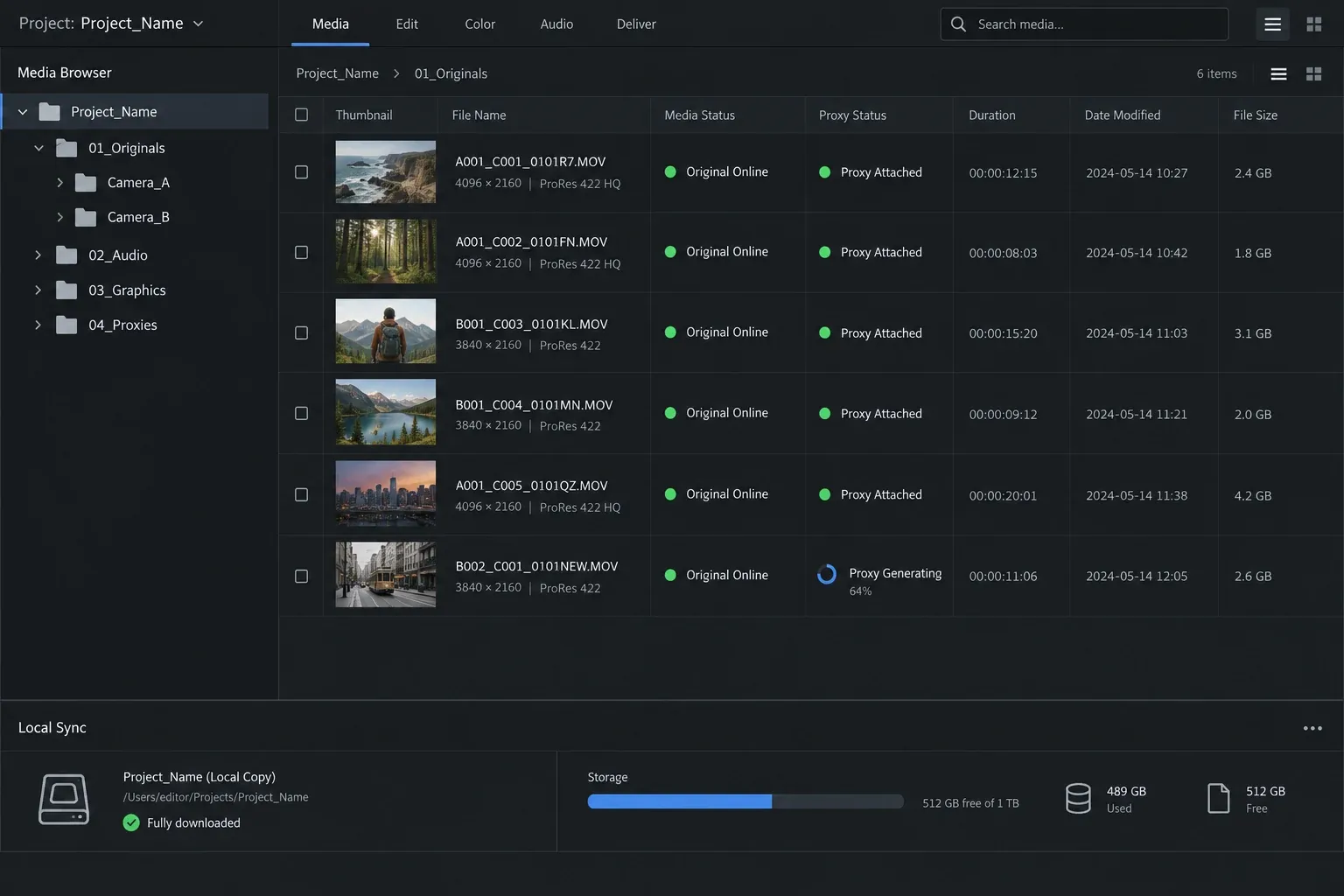 DaVinci Resolve proxy workflow interface showing original camera folders Proxy subfolders and local media sync status