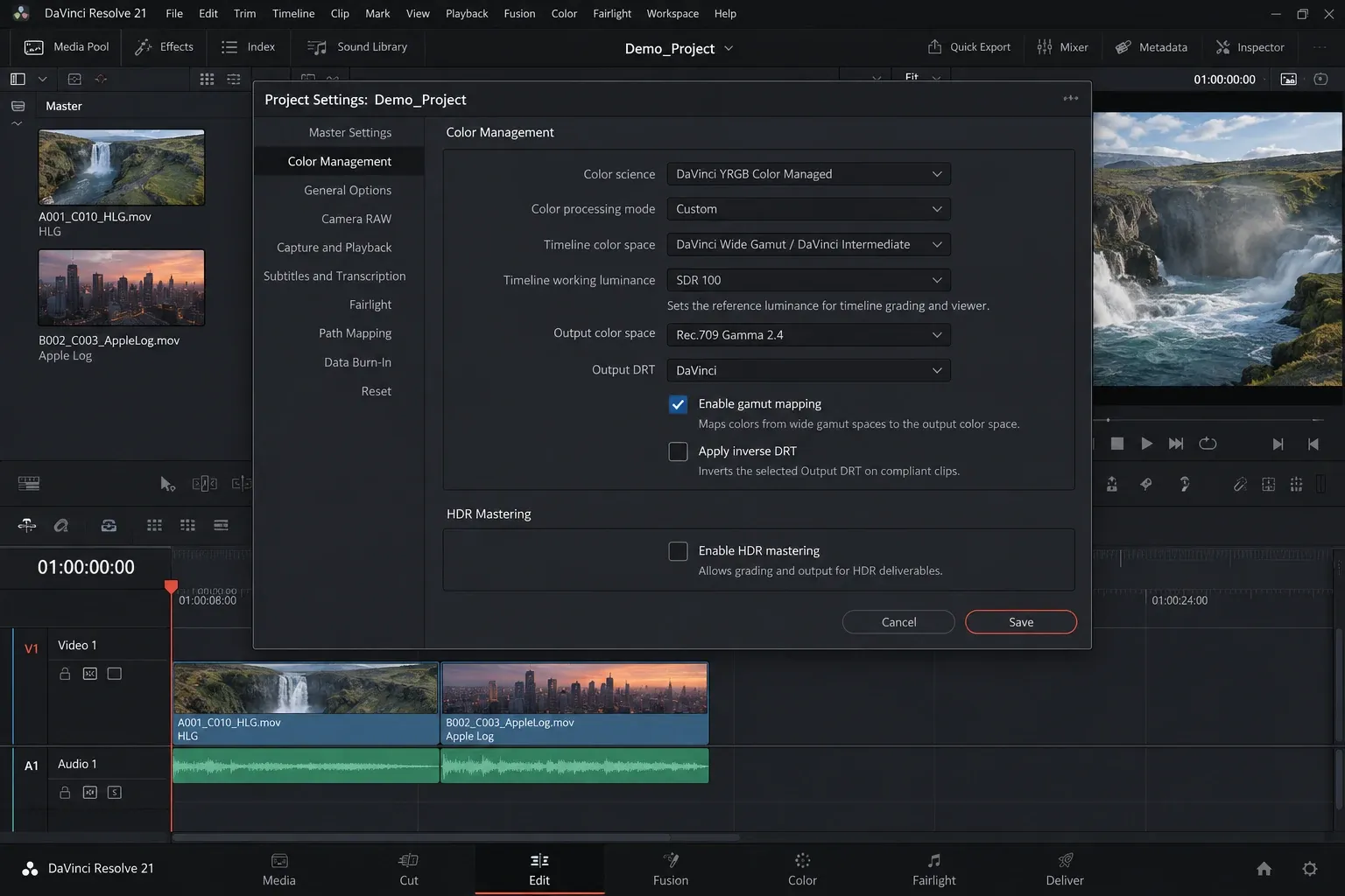 DaVinci Resolve Color Management settings using DaVinci Wide Gamut Intermediate and a Rec.709 Gamma 2.4 SDR output