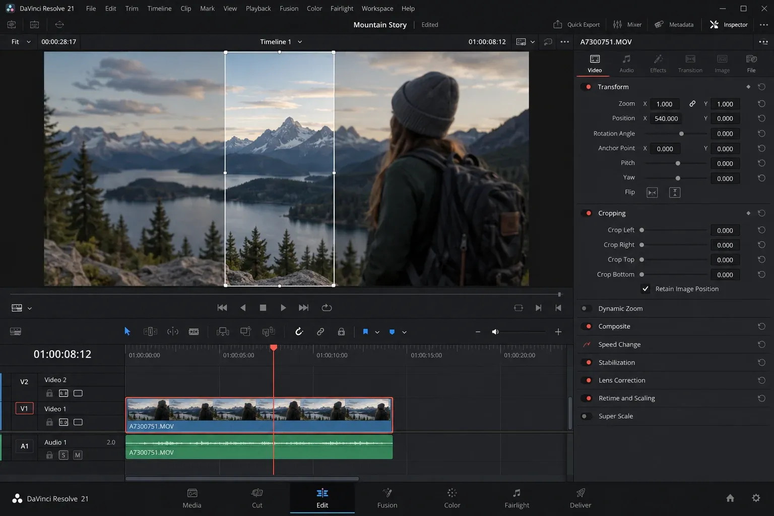 DaVinci Resolve Viewer and Inspector showing a fixed crop window while Zoom and Position move the image behind it