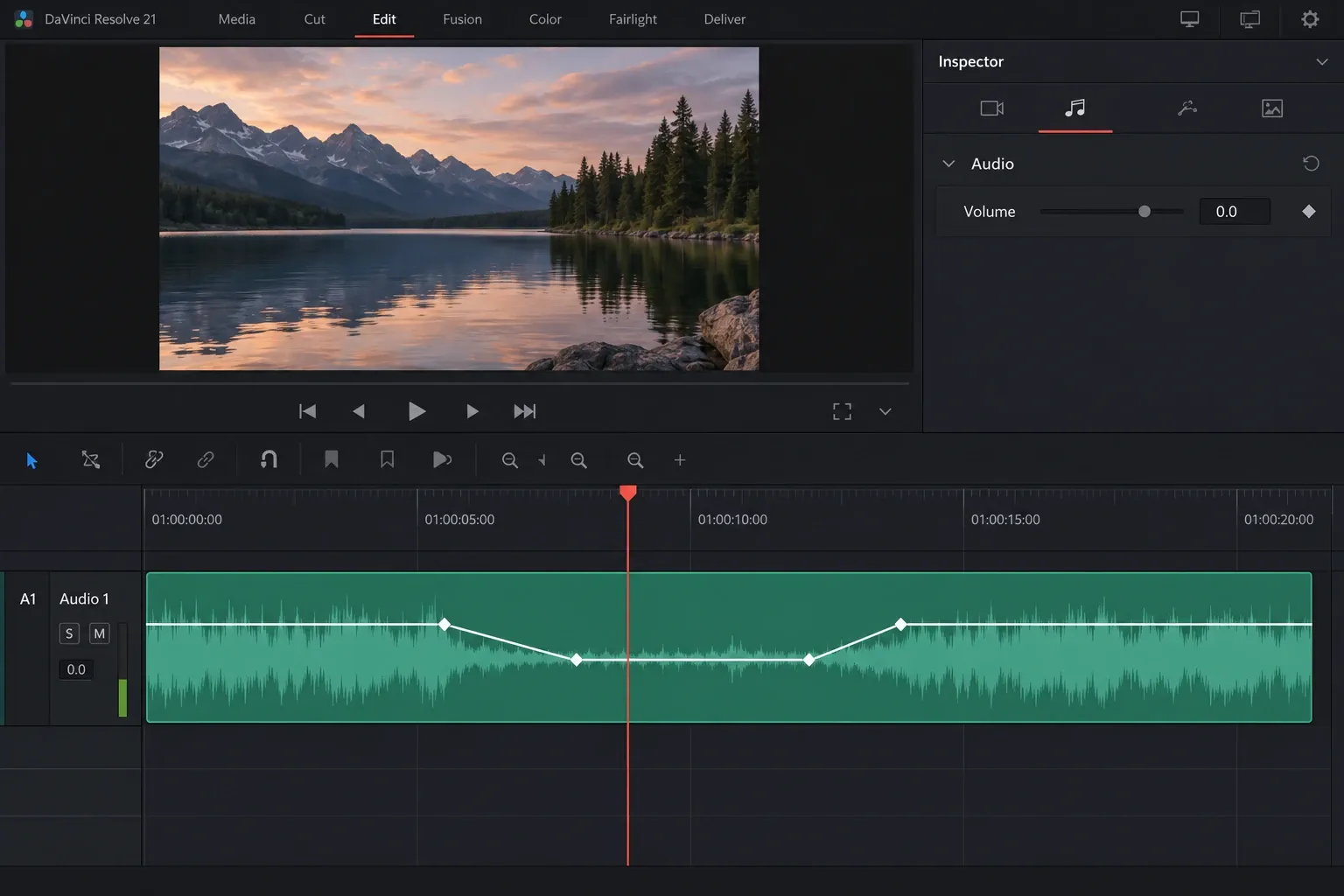 DaVinci Resolve audio clip with four volume keyframes and the Inspector audio volume control visible