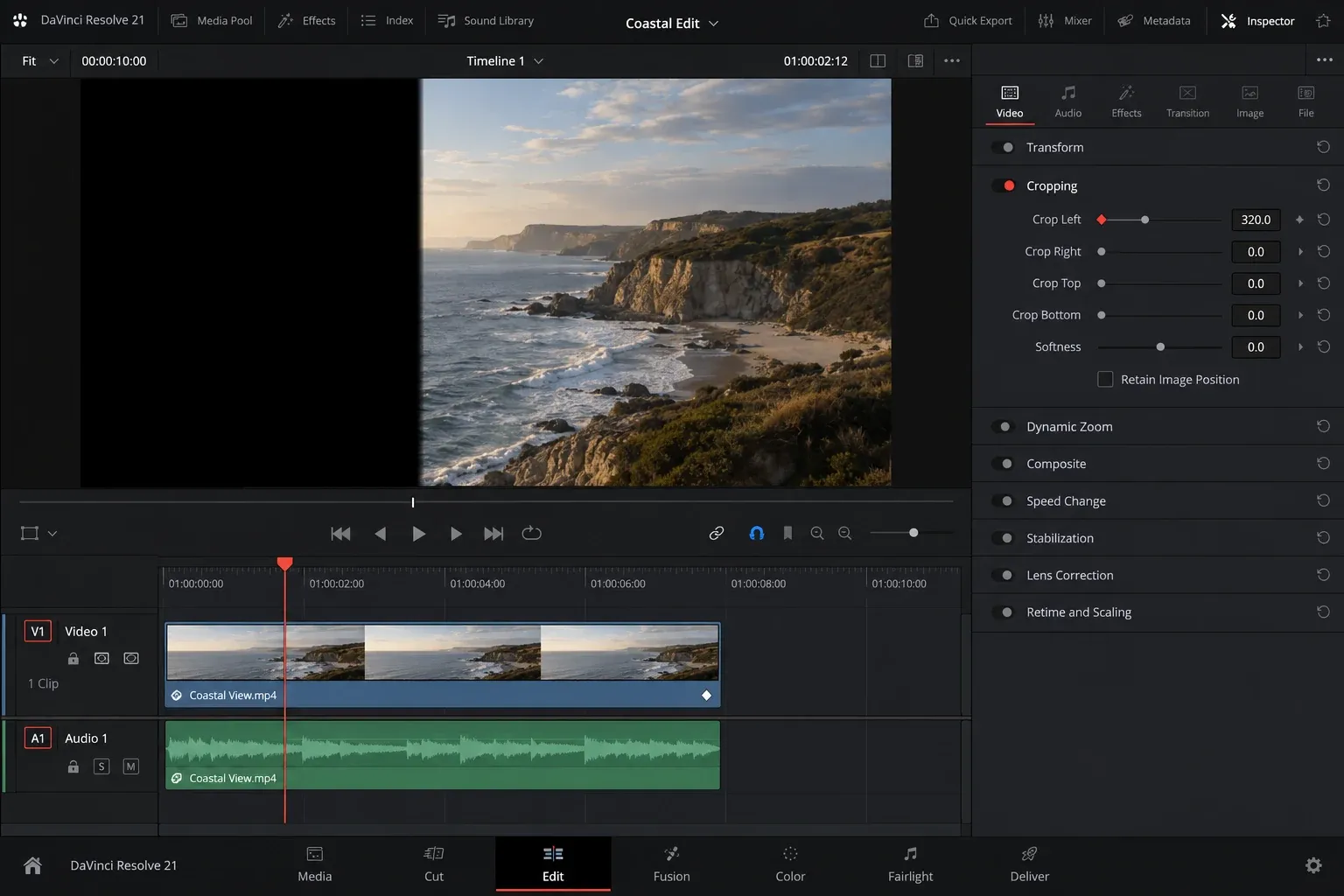 DaVinci Resolve Cropping controls with keyframe diamonds and a timeline clip revealing from the left