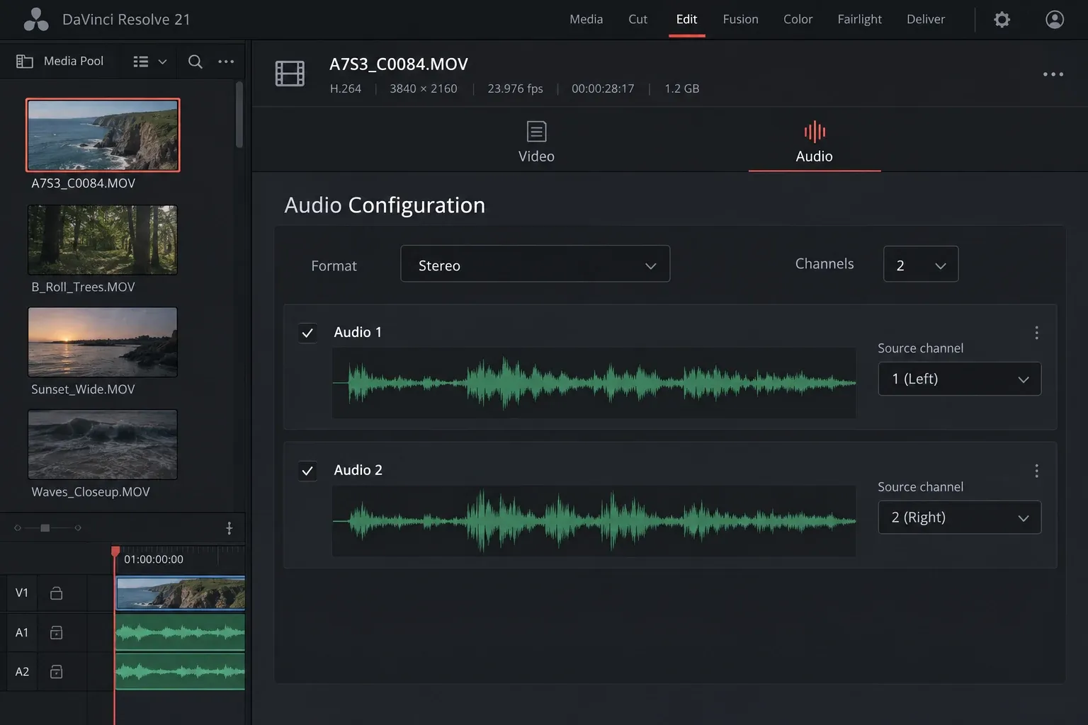 Resolve File Inspector Audio Configuration showing per-channel waveforms for a selected clip
