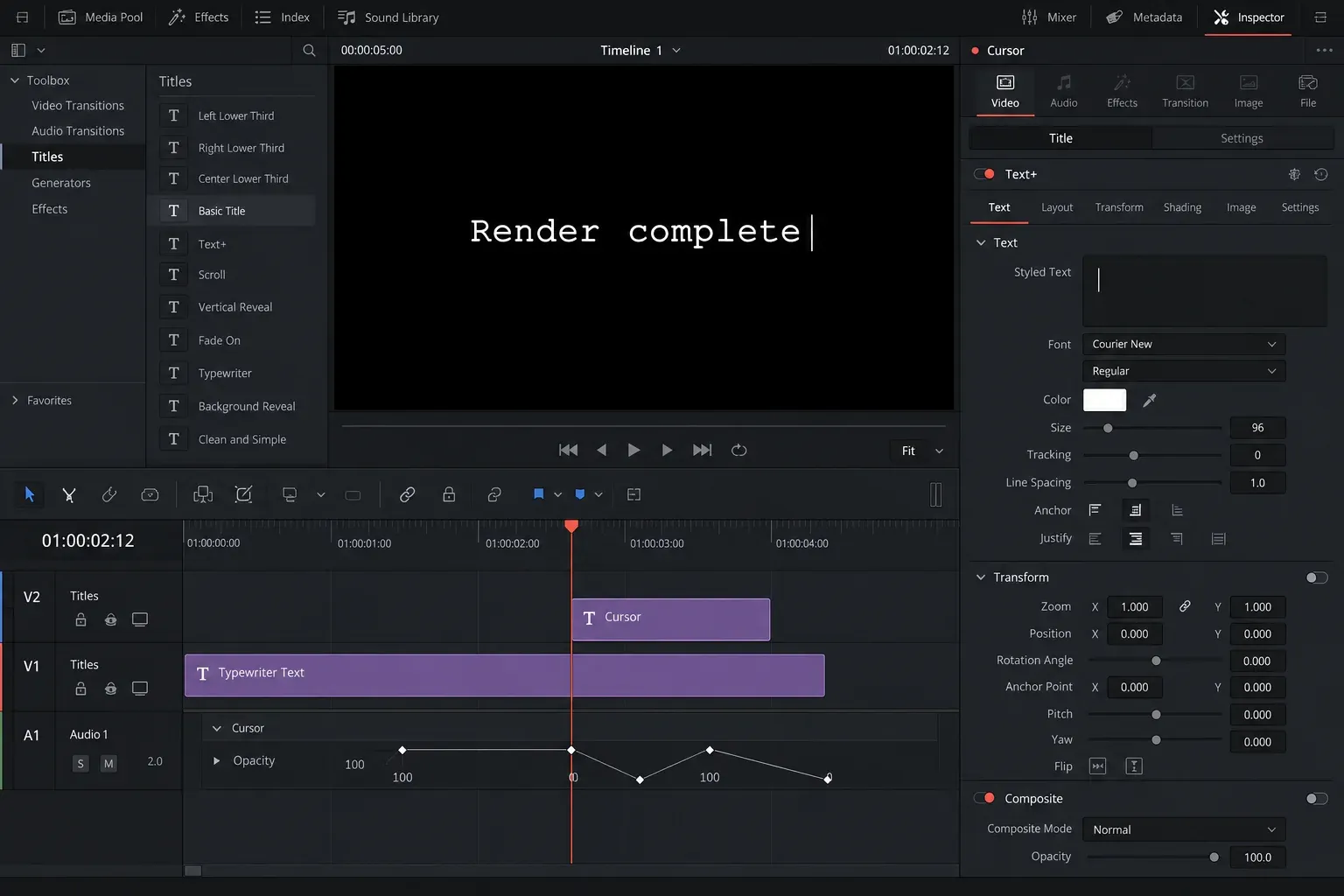 DaVinci Resolve timeline with a completed Text+ typewriter title and a separate cursor layer using opacity keyframes