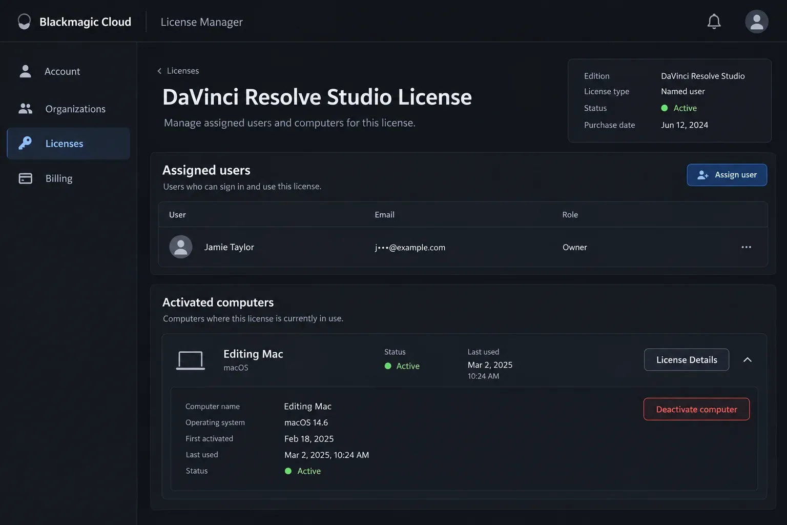 Blackmagic Cloud License Manager showing License Details and Deactivate computer