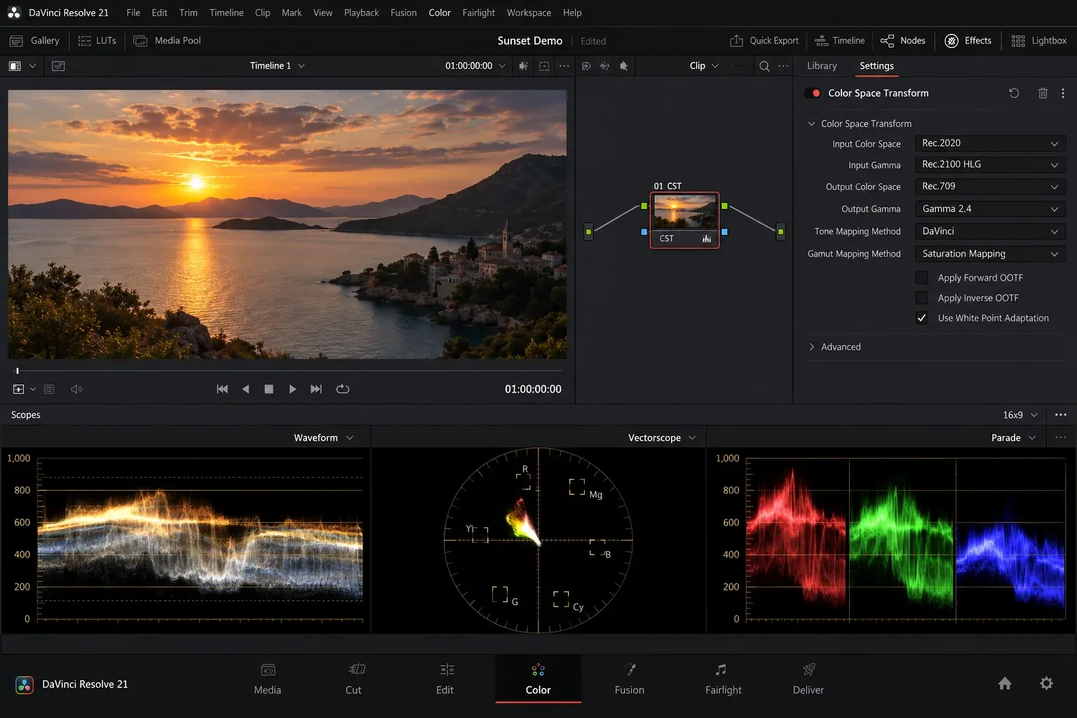 DaVinci Resolve Color Space Transform converting Rec.2020 Rec.2100 HLG to Rec.709 Gamma 2.4 with tone and gamut mapping
