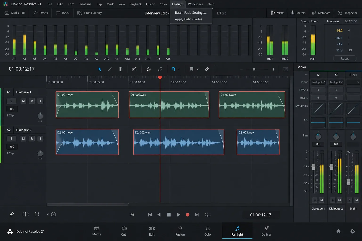 DaVinci Resolve Fairlight page with several selected dialogue clips and the Batch Fade Settings command open