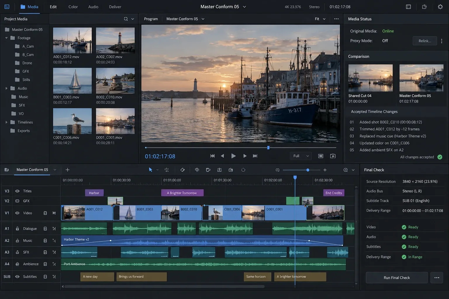 DaVinci Resolve finishing interface showing original media online proxy mode disabled timeline comparison and final conform checks