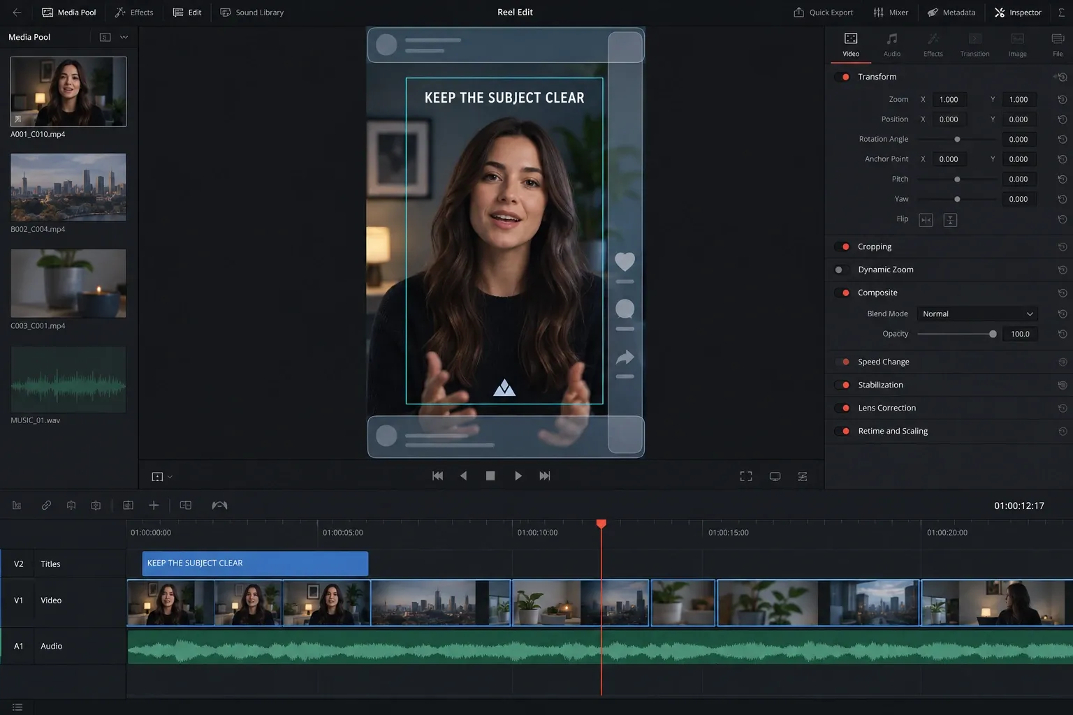 Vertical Reel preview with titles faces and logos positioned away from interface overlays