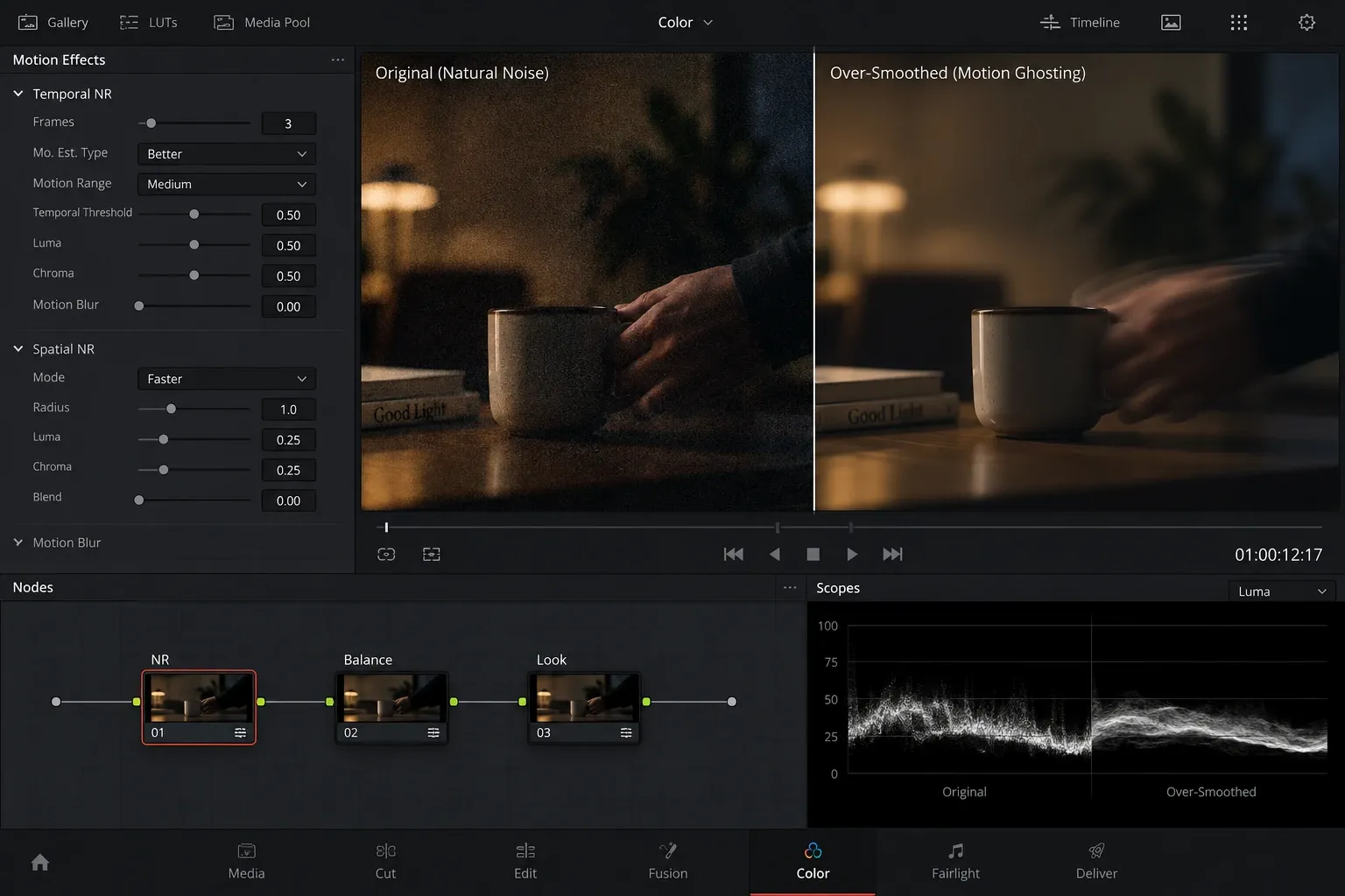 DaVinci Resolve node graph with a separate denoise node and an overprocessing comparison