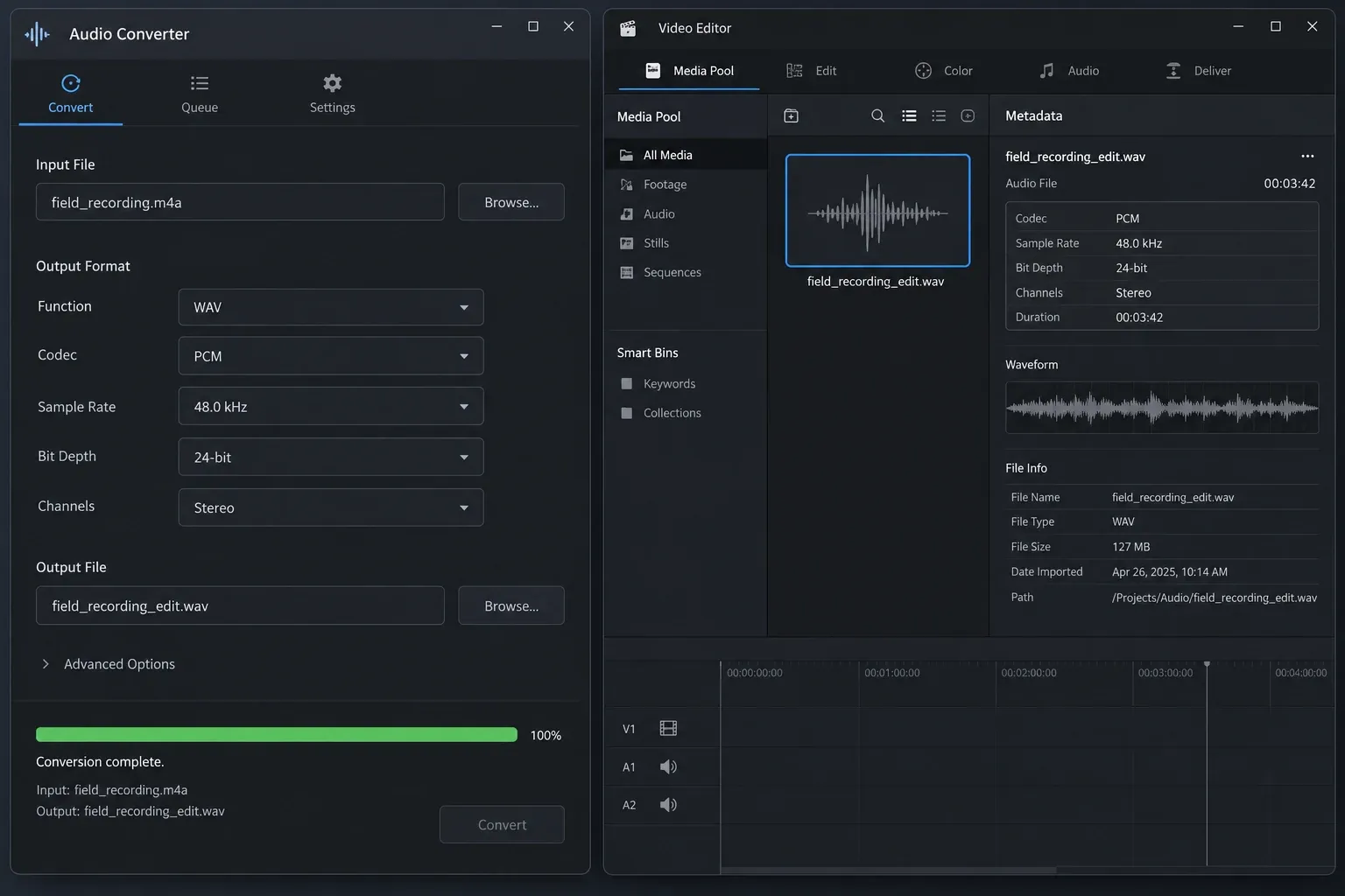 Audio conversion interface creating a 48 kHz 24-bit PCM WAV followed by a successful DaVinci Resolve Media Pool re-import