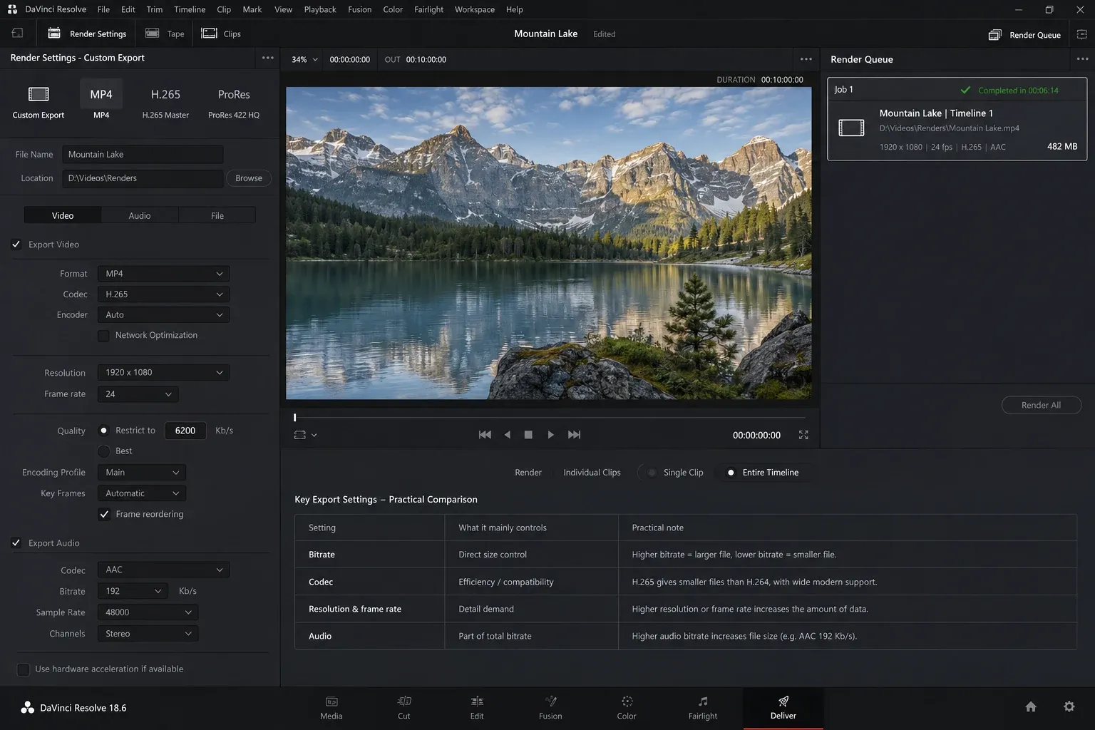 DaVinci Resolve completed H.265 export with a 482 MB result and the main file size tradeoffs visible