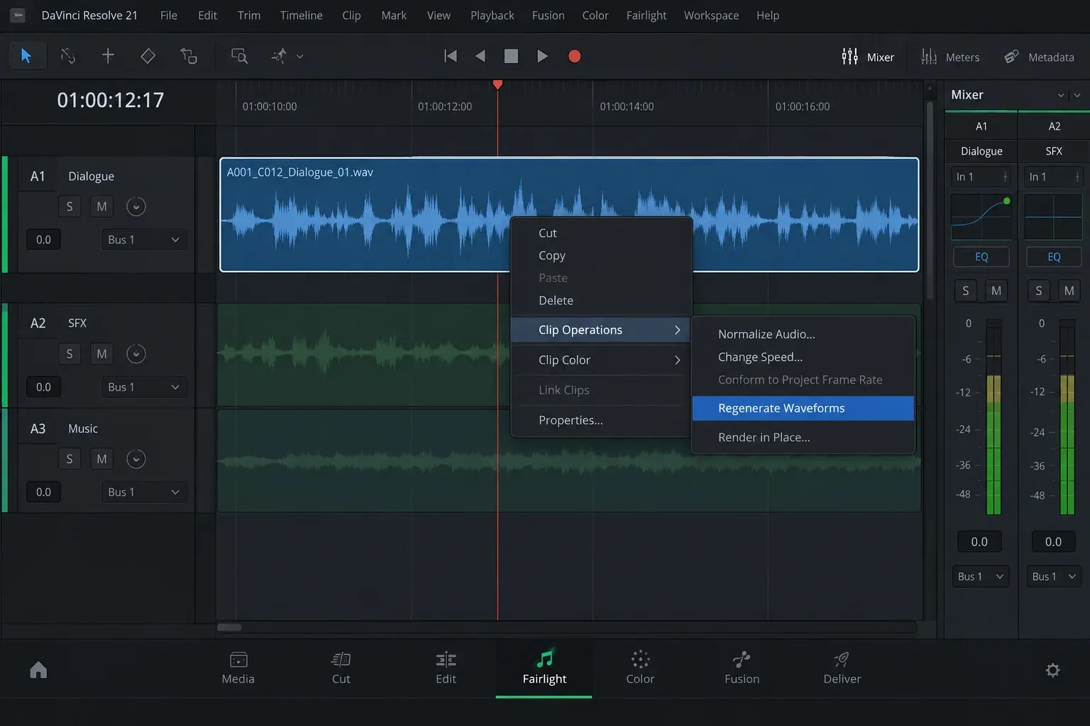 Fairlight clip context menu with Clip Operations and Regenerate Waveforms