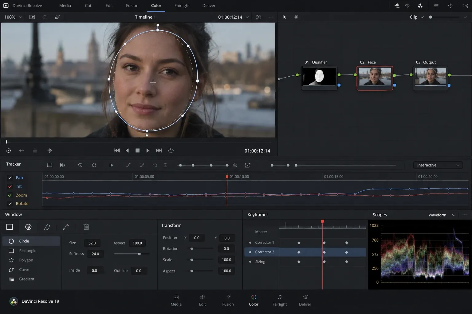 Soft oval Power Window around a face with tracker controls and a qualifier node in the node graph