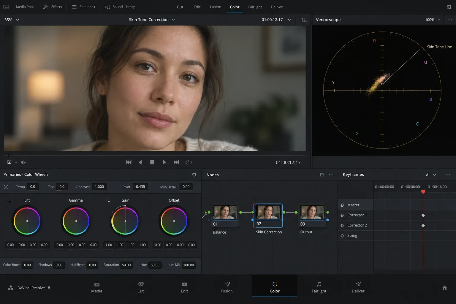 Color page viewer with a face, vectorscope skin-tone line and a separate skin correction node