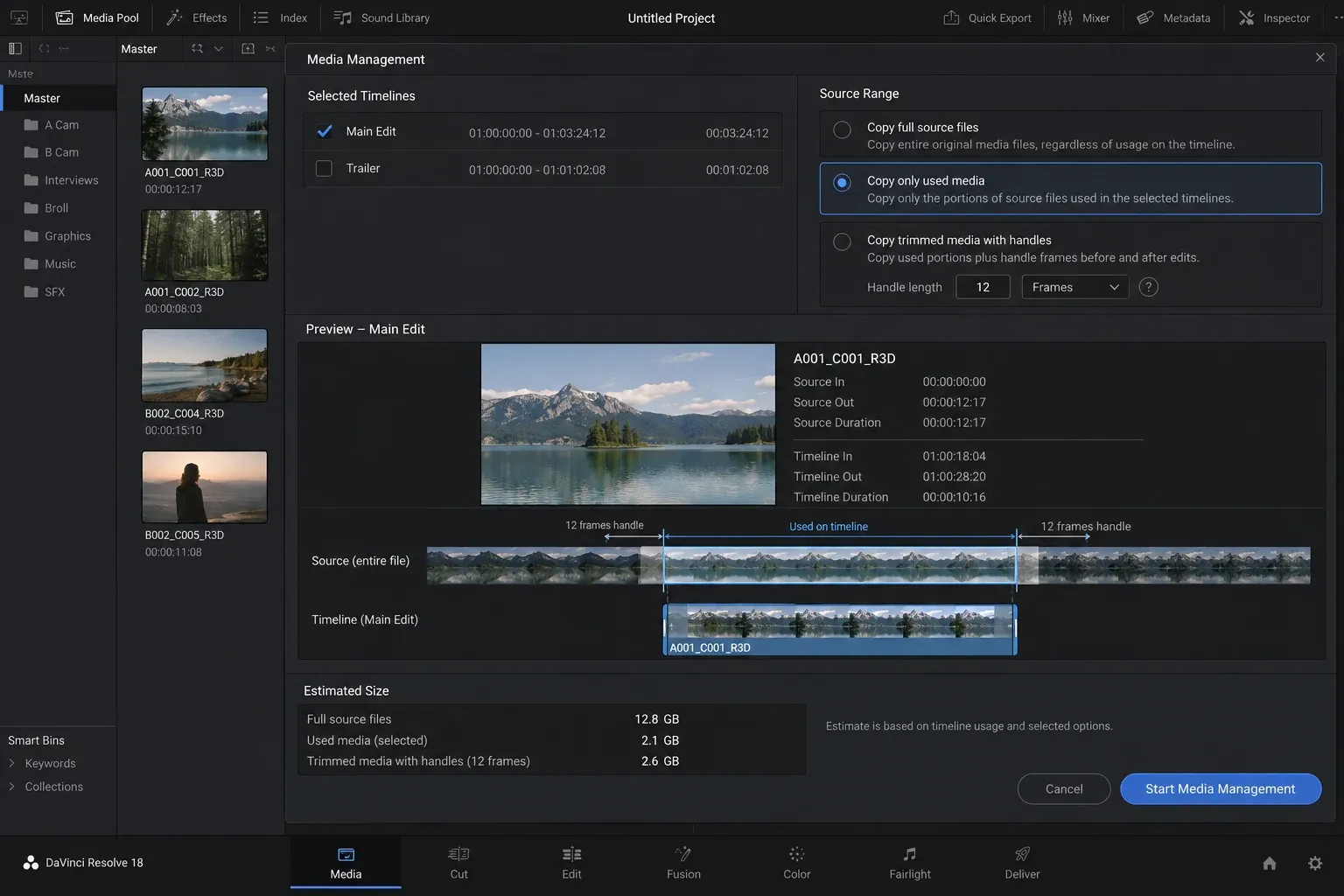 Media Management options for full files, used media and trimmed media with handles