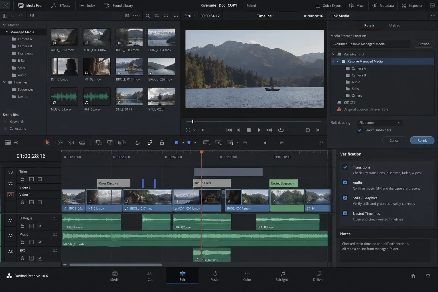 Managed media package being relinked in Resolve with online clips checked in the restored project